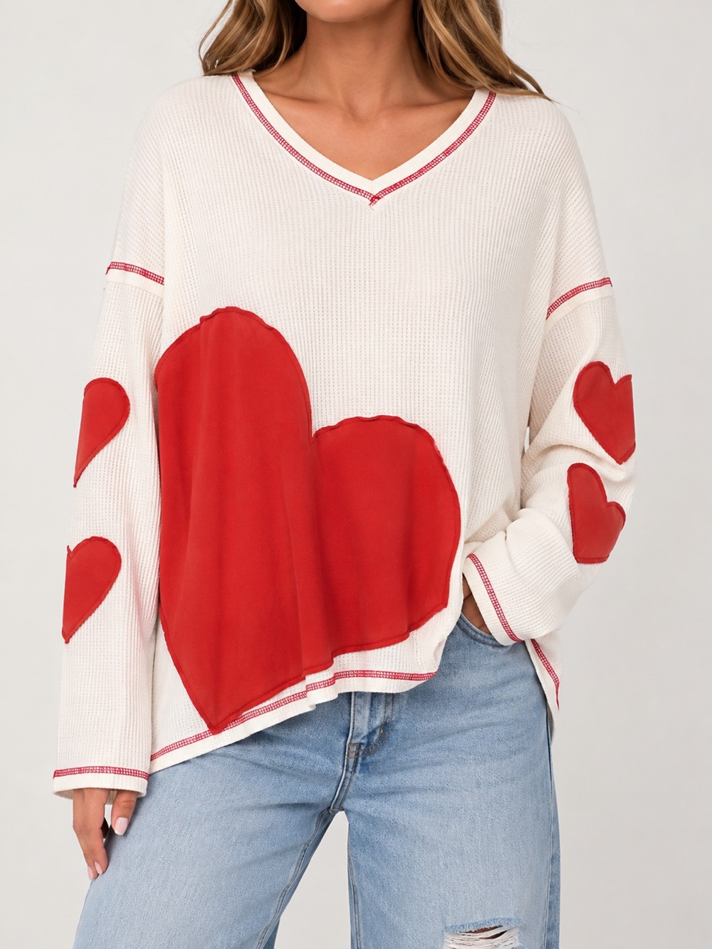 Sage and Fig Cream V-Neck Sweater with Red Heart Accents
